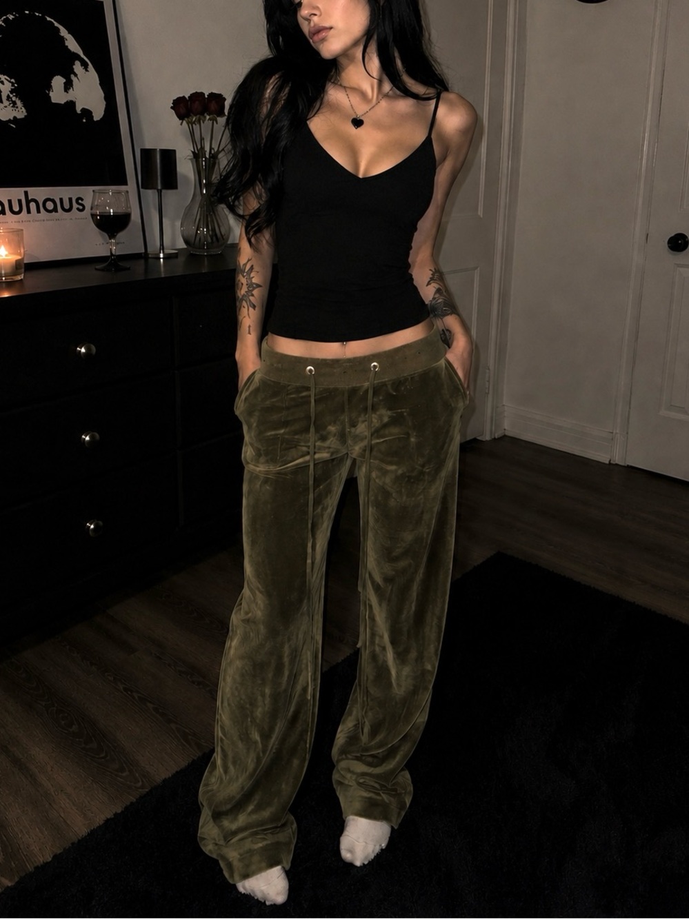 Dolls Kill Olive Green Wide Leg Velour Pants